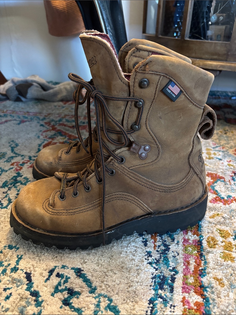 Danner Tan/Brown Leather Work Boots with USA Flag Patch